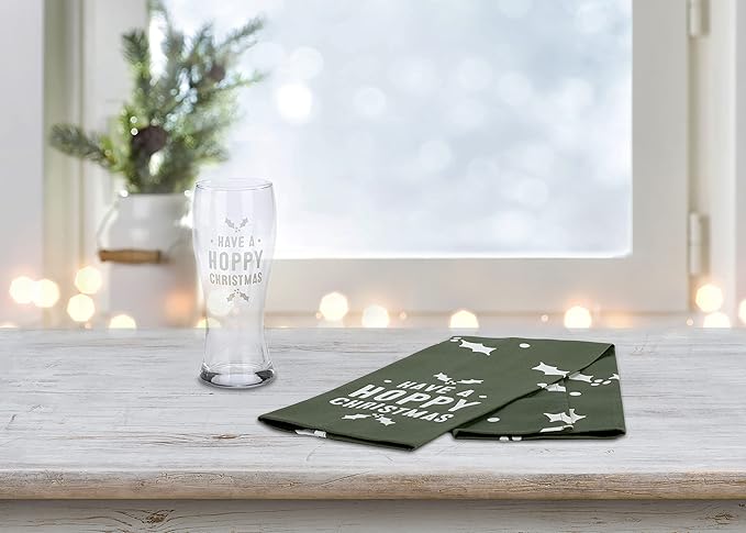 Juego de 2 Vasos Pilsner y Toalla de Bar DEMDACO Hoppy Christmas 16 oz miniatura 2