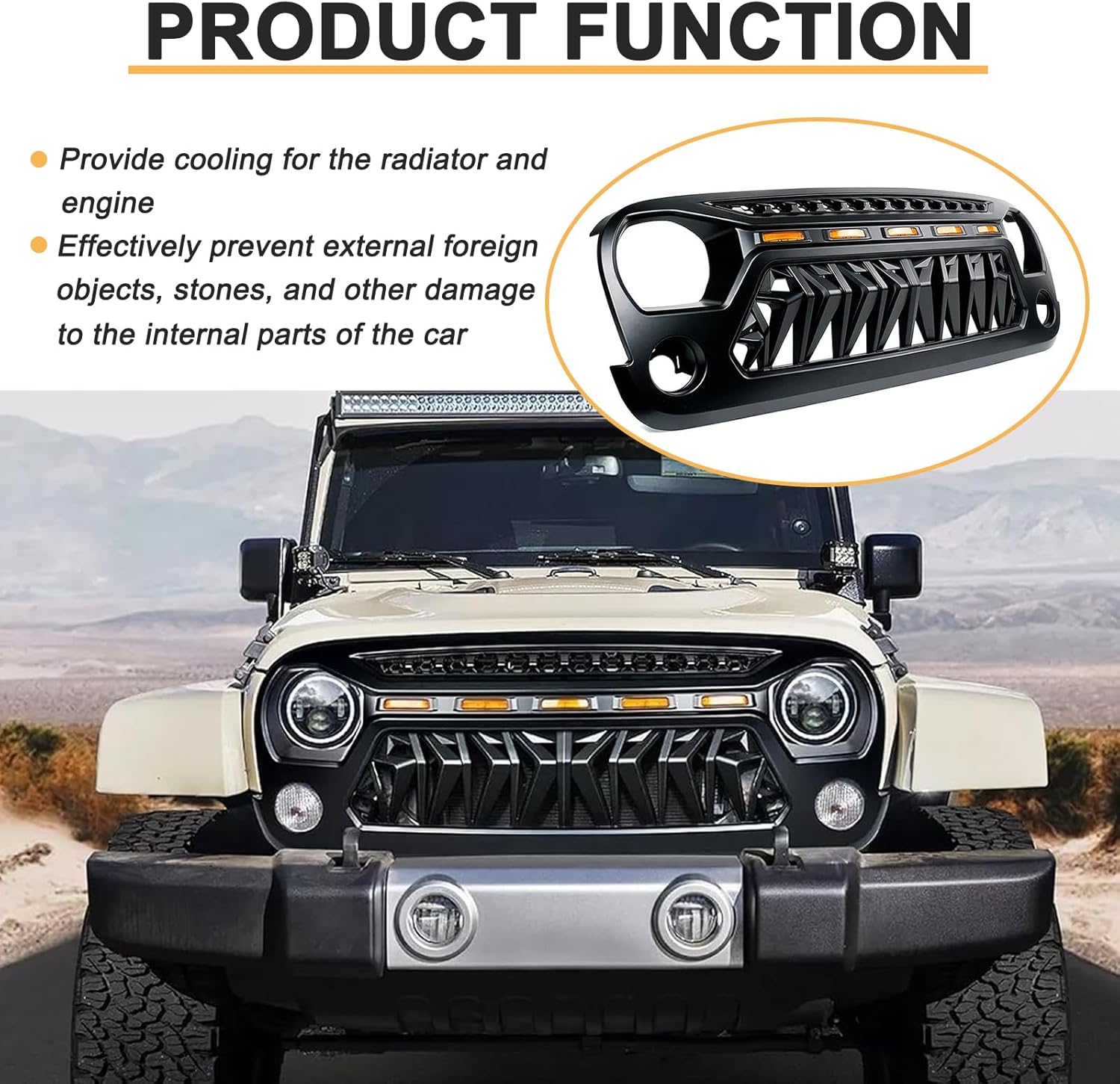 Shark Front Grill Mesh Grille Cover Matte Black Compatible for Jeep Wrangler JK JKU Unlimited Rubicon Sahara Sport with Amber LED Running Lights with Mesh Inserts 2007-2018