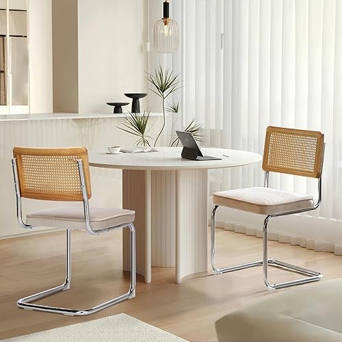 Juego de 2 sillas de comedor de ratán, sillas de comedor modernas tapizadas de mediados de siglo con respaldo de caña, sillas de cocina de