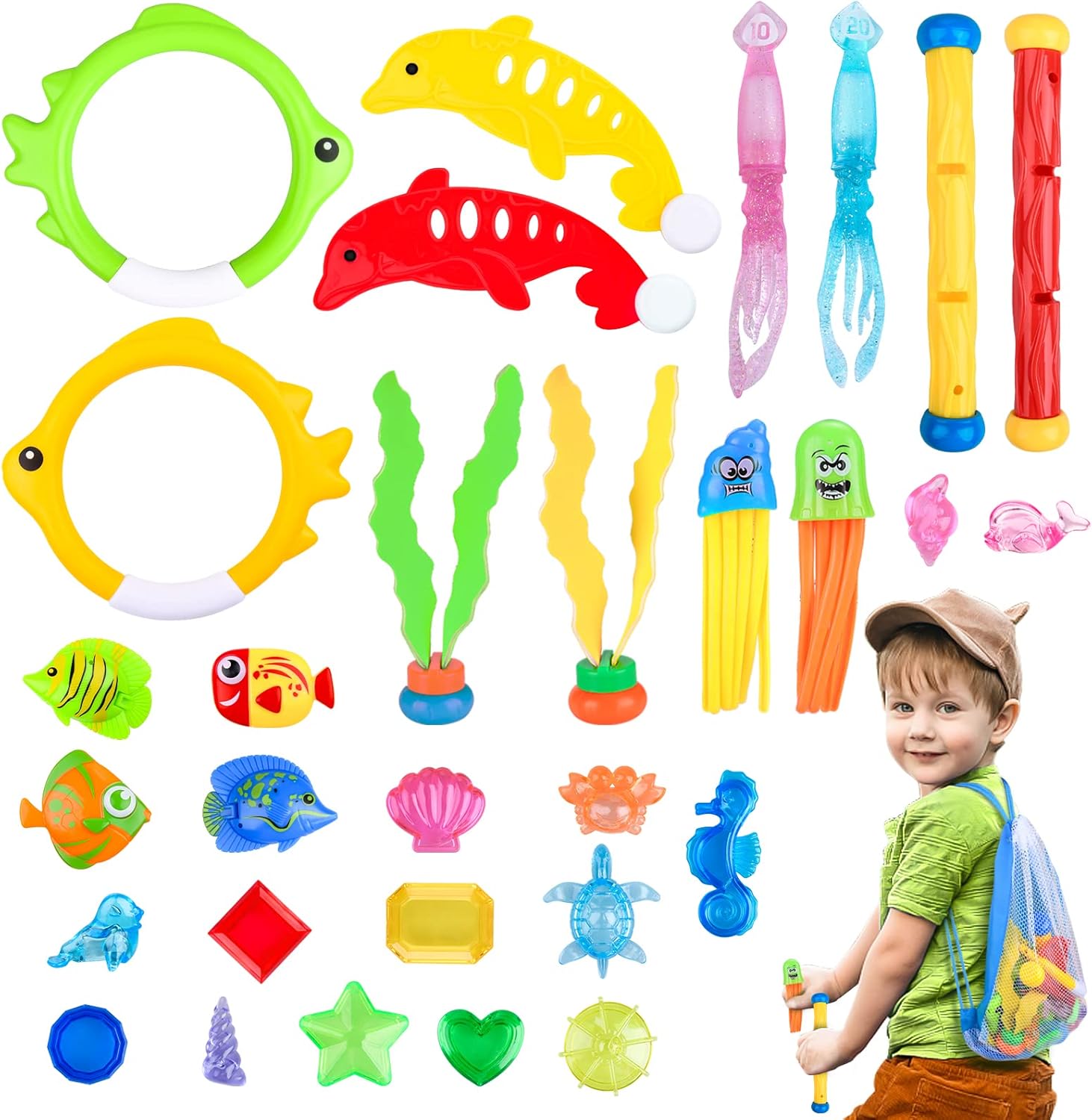 ARANEE 32 Piezas Juguetes de Buceo para Niños, Juguetes para Piscina, Anillos de Buceo, Palos de Buceo, Pescado de Buceo, Natación Subacuática Verano Juegos Buceo Juguetes para Niños Edad 3+