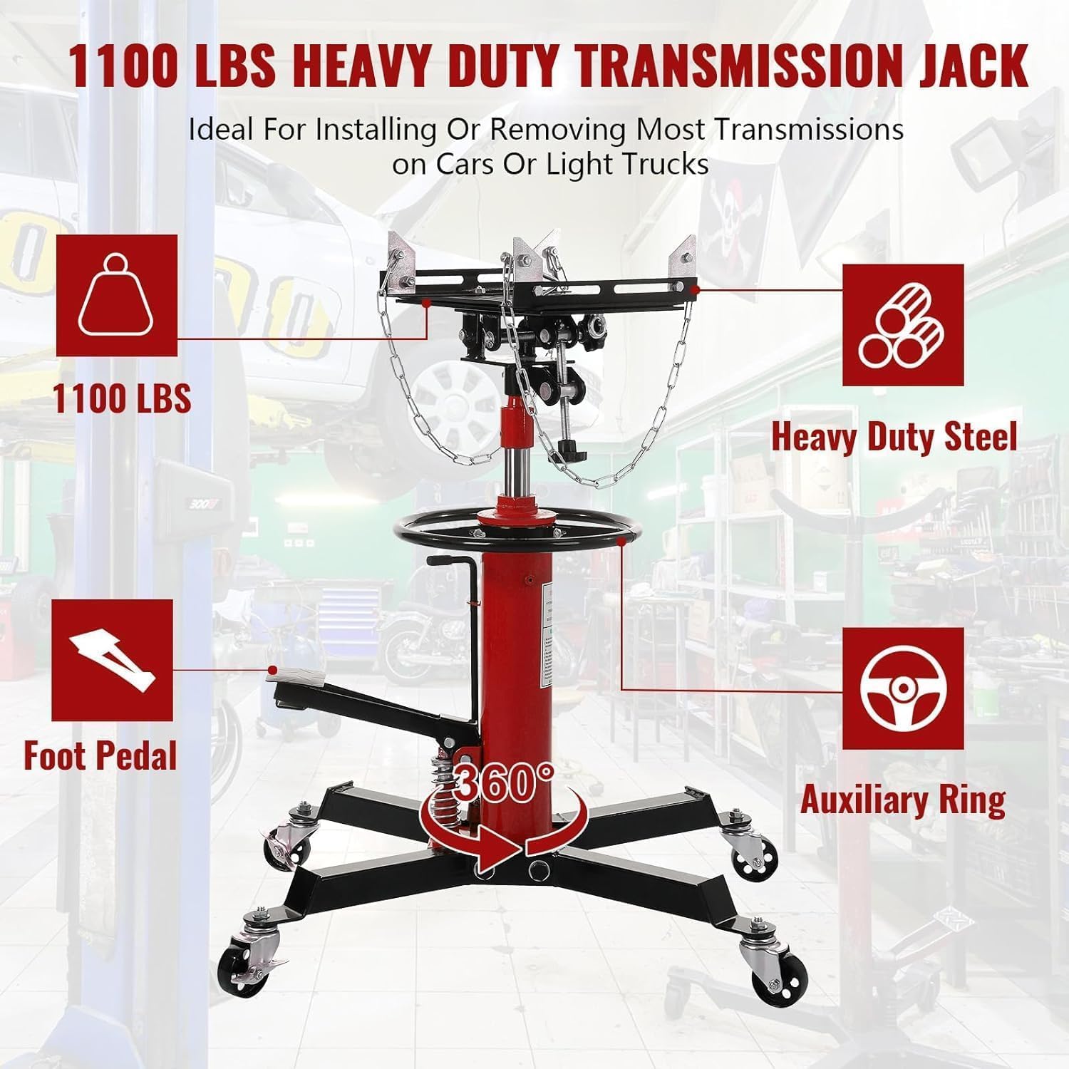 GAOMON Hydraulic Transmission Jack,1100 Lbs (1/2 Ton) Capacity,Telescopic Lift from 33.8" to 72.8",360° Swivel Wheels, Foot Pedal,2-Stage Adjustable for Garage Use