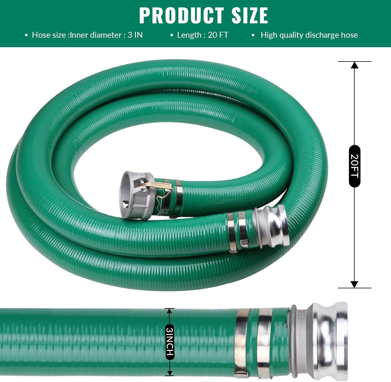 3" x 20' Heavy Duty Green PVC Suction Hose Assembly, 3" Male X FemaleCam and Groove, For Swimming Pools & Spas 60 PSI Max Pressure