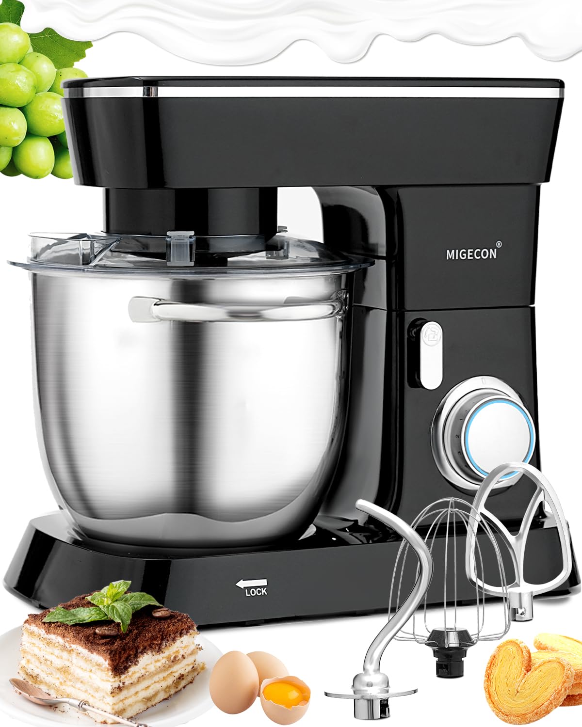 MIGECON Stand Mixer,Kitchen Electric Mixer with Dough Hook, Dough Hook, Flat Beater Attachments, Splash Guard 10 Speeds with Whisk, 5.26 QT Black