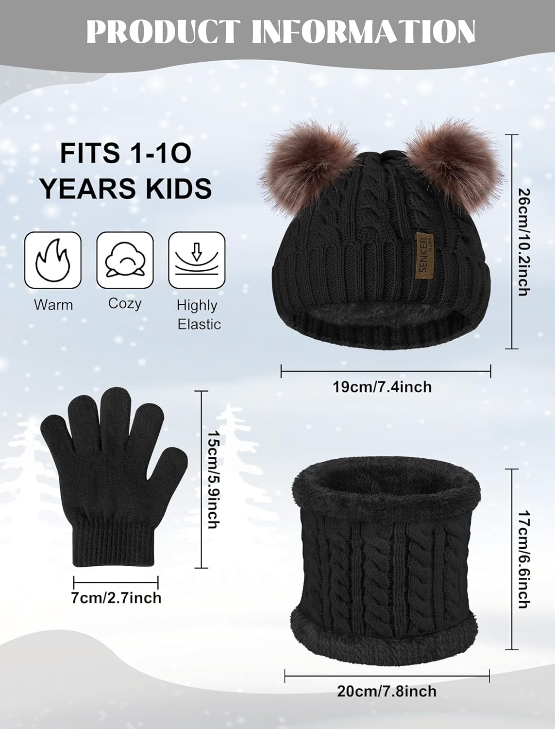 Senker Fashion Winter Beanie Kids Hat and Gloves Set for Girls Boys Toddler Pompom Knit Fleece Lined for Cold Weather - Image 5