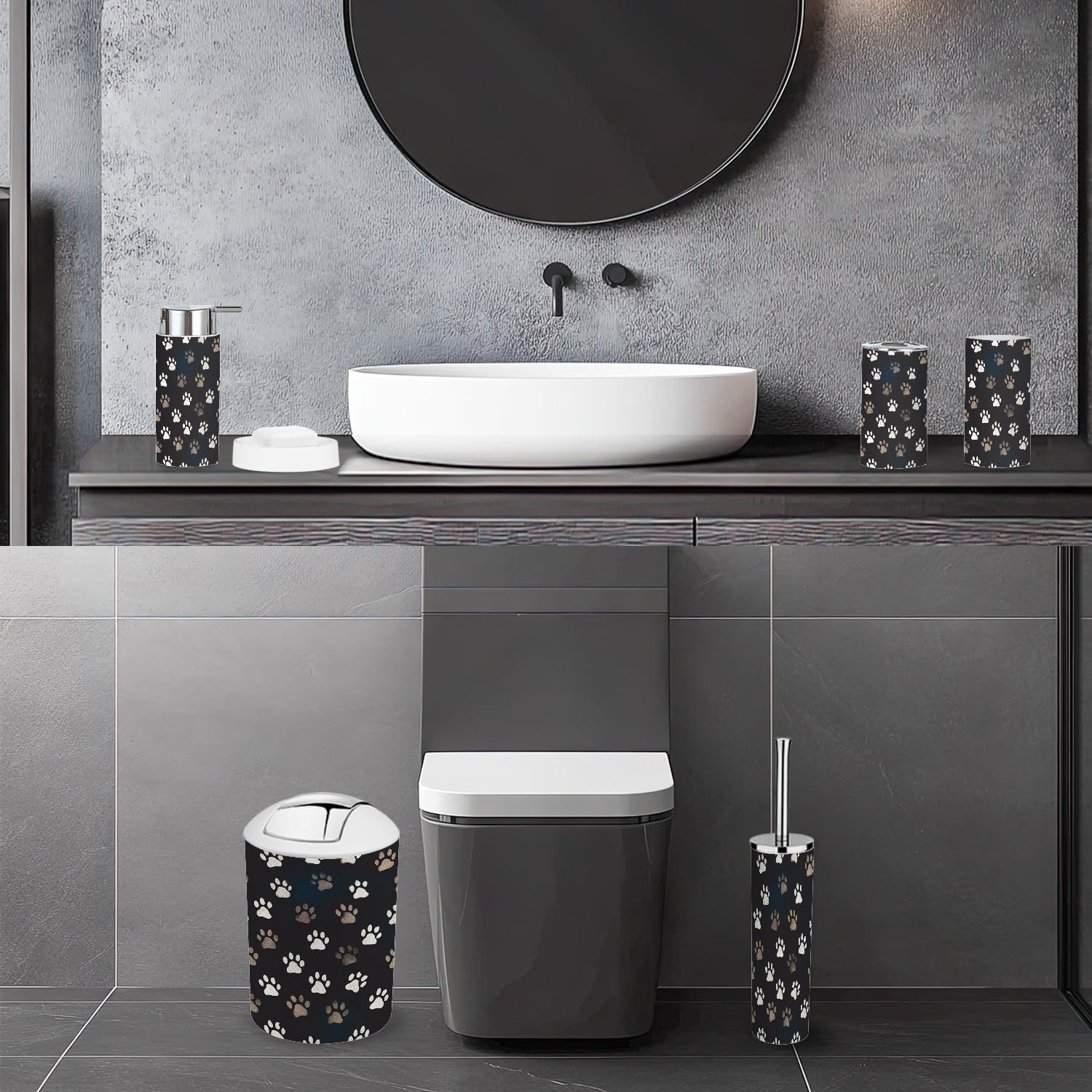 Bathroom Accessory Set 6 Piece Paw Seamless Traces Textile Cute Graphic Ornament Trash can, Toothbrush Holder, Soap Dispenser, Soap Dish, Toothbrush Cup, Toilet Brush Holder