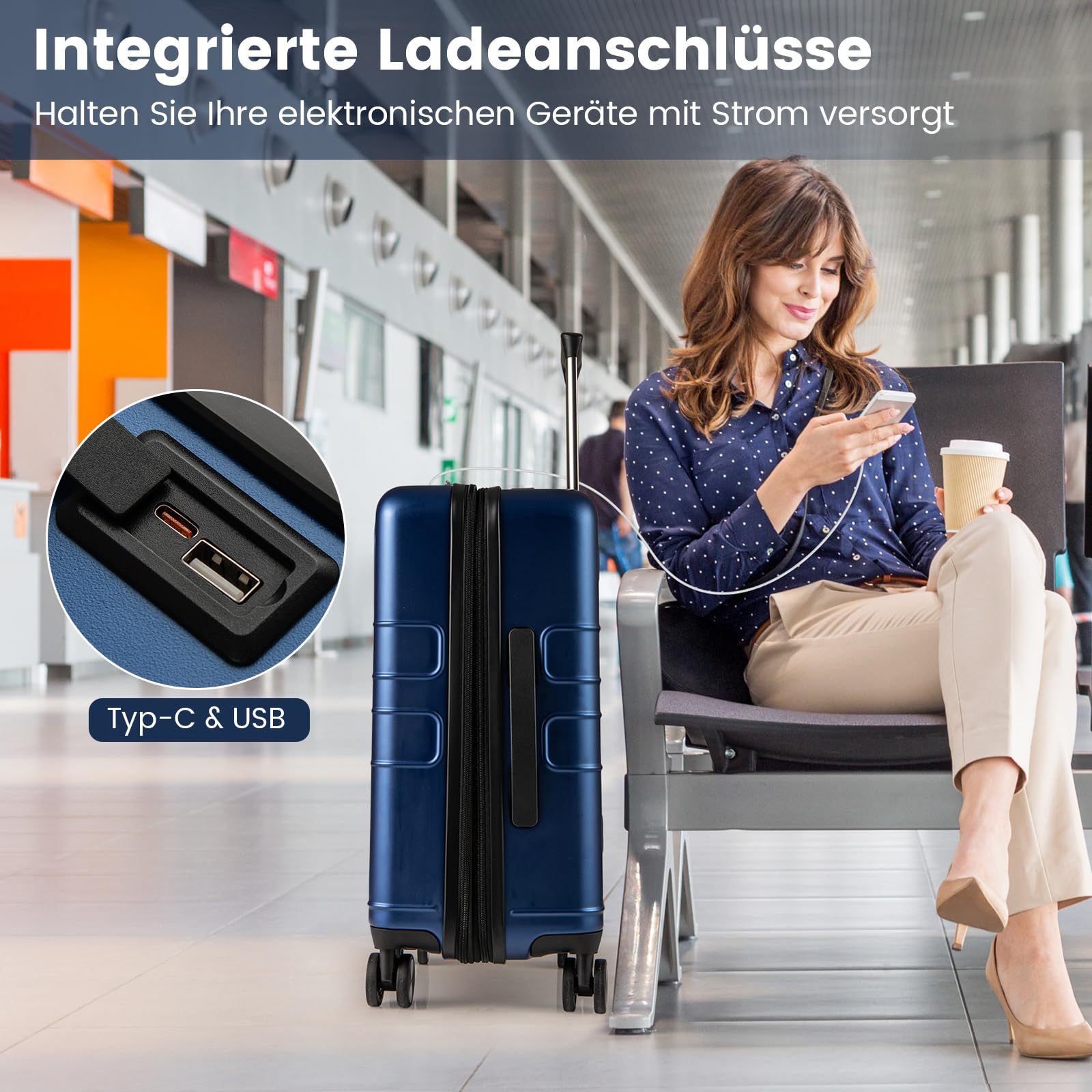 COSTWAY Bagaż podręczny ze składanym blatem, 38 l, z kieszenią przednią, kieszenią na laptopa, przyłączem USB i kółkami obrotowymi, twarda walizka na komputer z zamkiem TSA