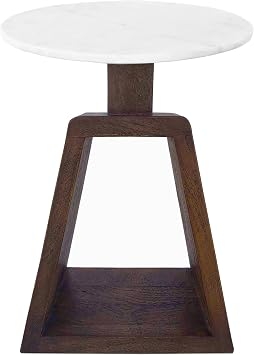 Port Blair Side End Table, Round White Genuine Marble Top, 16.5 Inch