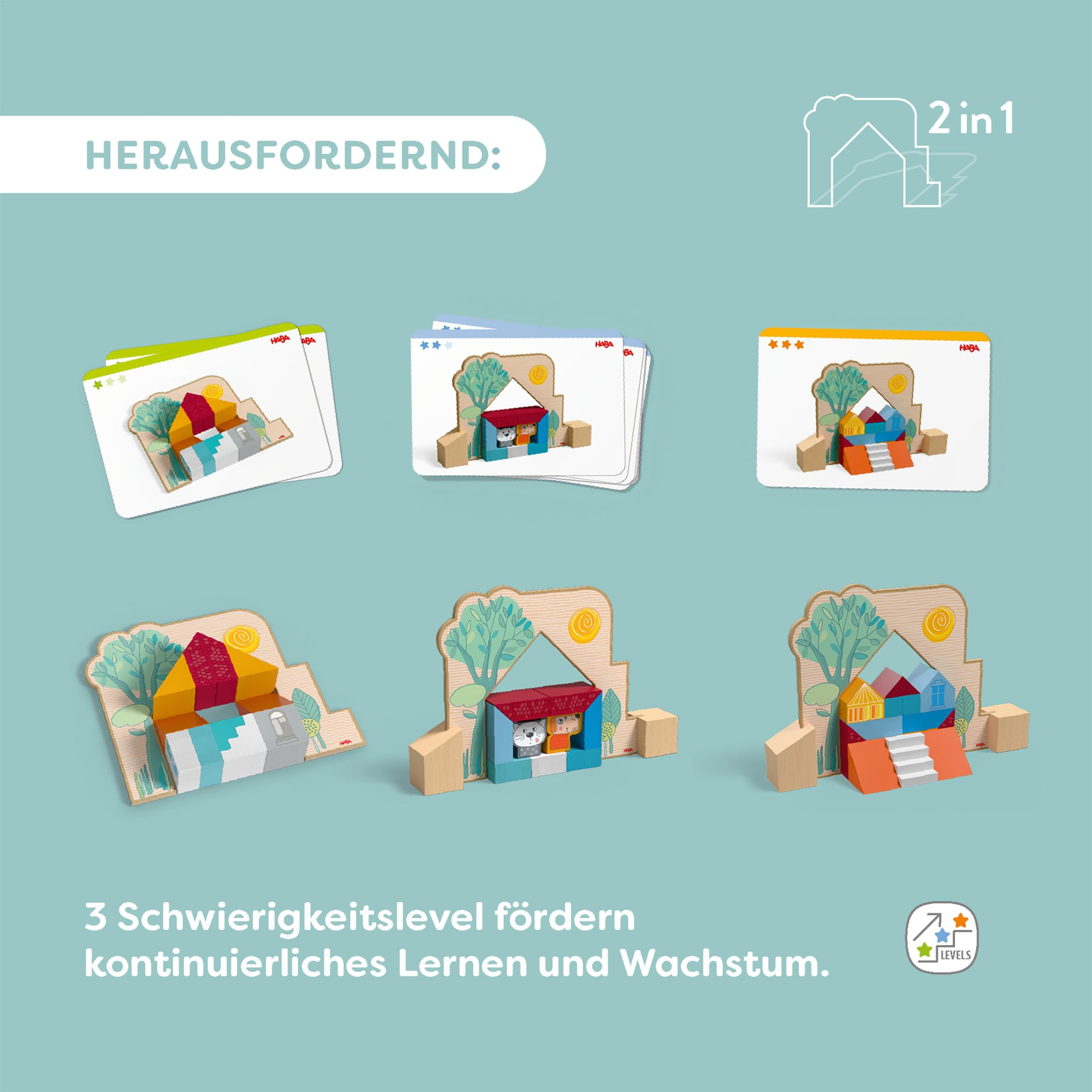 HABA Stapel- und Legespiel Bauspaß – 3D-Holzbausteine für Kinder ab 3 Jahren – Kreatives Konstruktionsspiel mit 20 Bausteinen & Vorlagekarten – 2012382001
