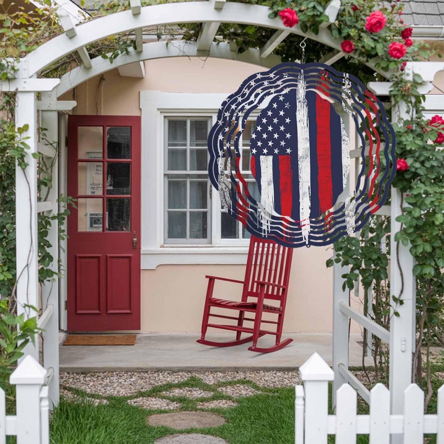 USA Flag Independence Day Wind Spinner for Garden Yard 3D Stainless Steel Hanging Wind Spinners, Retro Stripes and Stars Spinners Outdoor Metal Decor for Lawn Patio Home