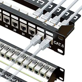 iwillink Patch Panel de 10 Gbps 24 portas, acoplador RJ45 com painel de remendo Cat6, painéis de patch blindados STP 19 polegadas 1U com barra traseira, montagem na parede ou montagem em rack