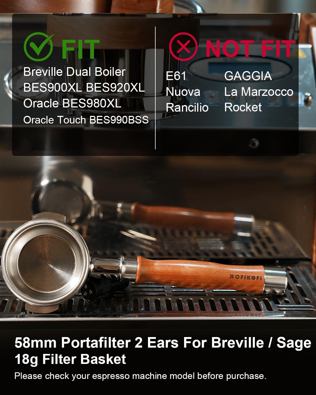 Bottomless Portafilter 58mm Fit Breville, 2 Ears Slim Naked Portafilter Fits Breville Espresso Machines BES900XL, BES920XL, BES980XL, BES990BSS with 18g Double Shot Filter Basket, Puck Screen-Rosewood