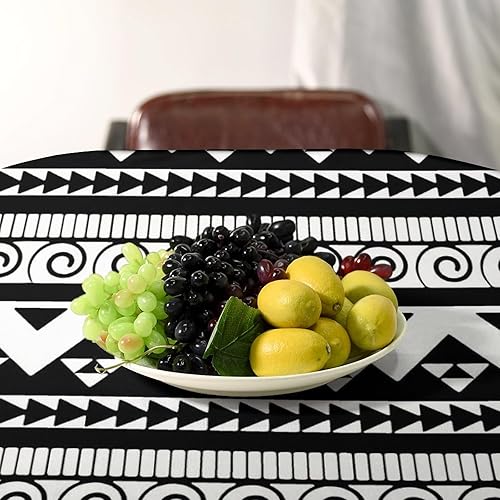 Miniatura 5 de Mantel de buffet con diseño étnico de geometría blanca y negra, 55 x 55 pulgadas, manteles negros de tela para fiestas para comedor, cocina,