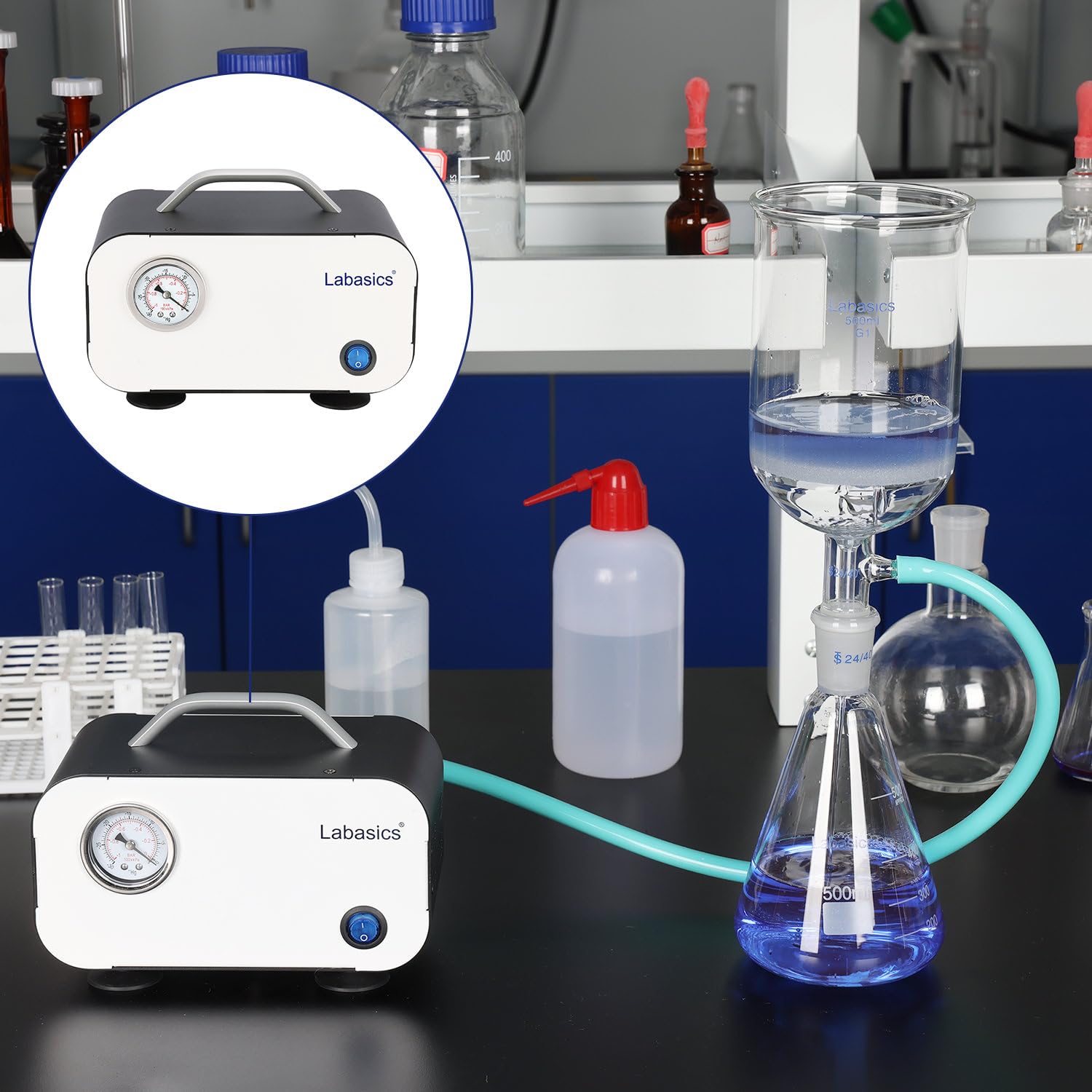 Labasics Membran Vakuumpumpe, Ölfreie Vakuumpumpe Tragbare Druckpumpe mit 30 L/min Förderleistung für Laborarbeiten mit Vakuumfiltration und Destillation, 110-220V
