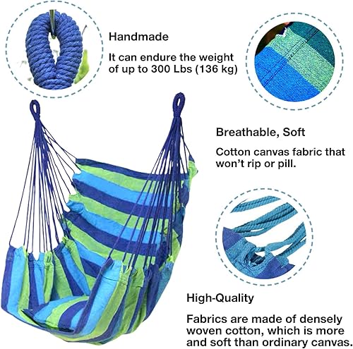 Miniatura 2 de Hommtina - Silla de Hamaca con Cuerda Colgante, Silla Colgante con Bolsillo, Soporta un Peso Máximo de 300 Libras y Durabilidad Perfecta para