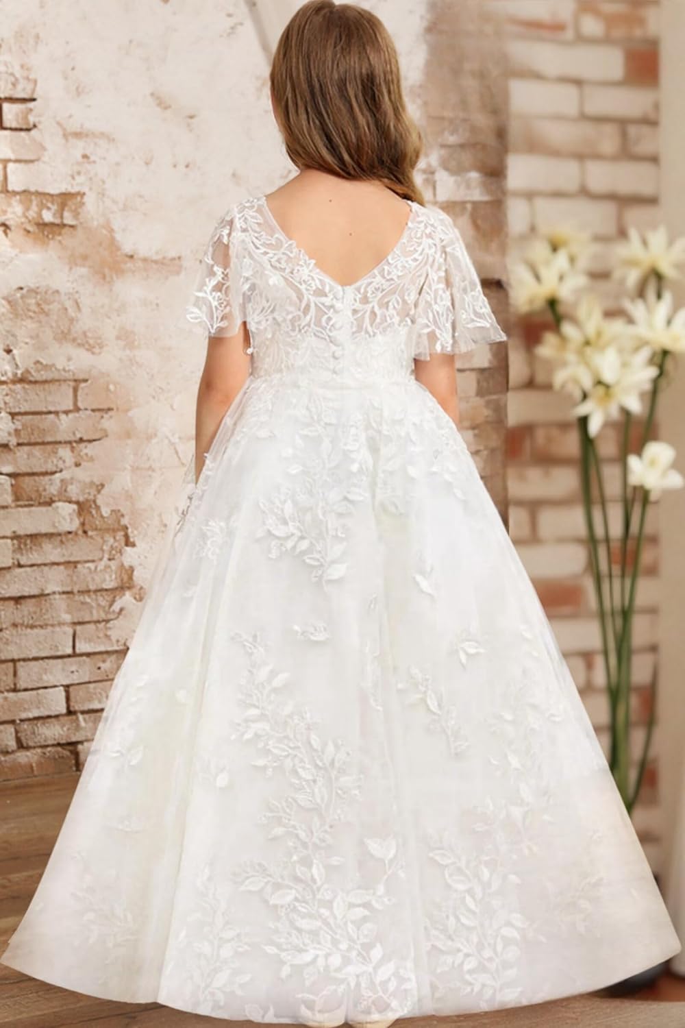 Lace First Communion Dress Ruffle Sleeves Flower Girl Dresses for Wedding Girls Pageant Ball Gown