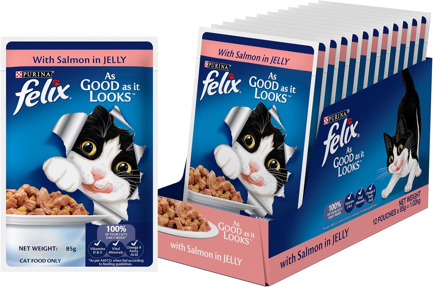 Purina Felix As Good As It Looks Wet Food for Adult Cats|Complete and Balanced Cat Food |Salmon Flavour|Pack of 12 Pouches (12 x 85 g)