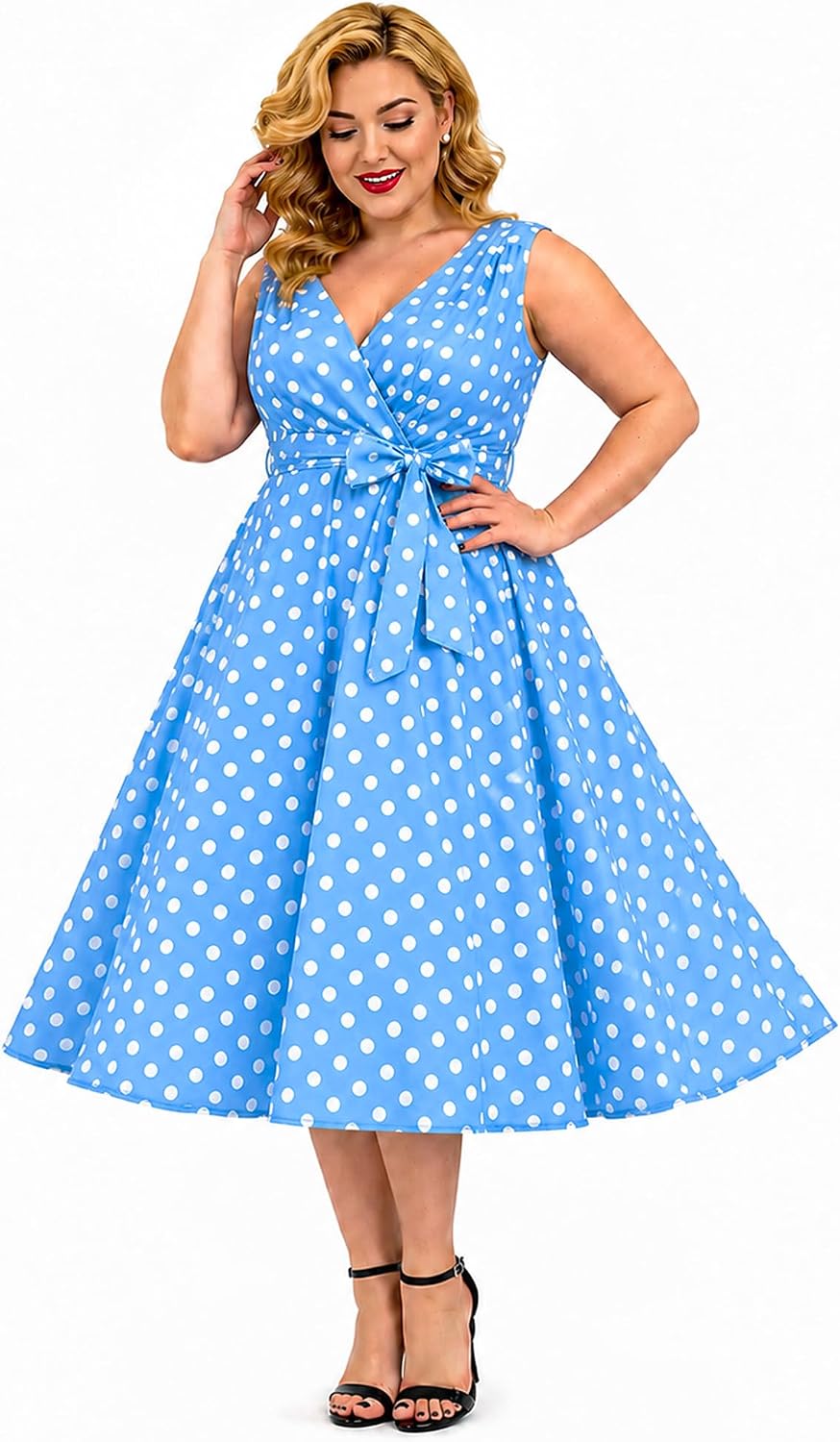 Miss Lavish London Plus Size Fit and Flare Dress for Women, Sleeveless V Neck Wrap Style Midi Dress with Belt