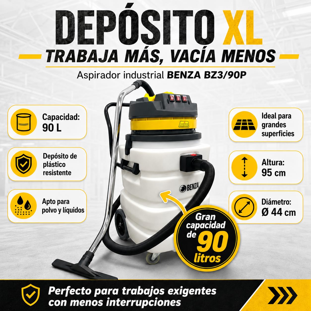 BENZA Aspirador Industrial Húmedo y Seco BZ3/90P, 3600 W, Depósito de 90 l, Presión de Succión 2000 mm H₂O