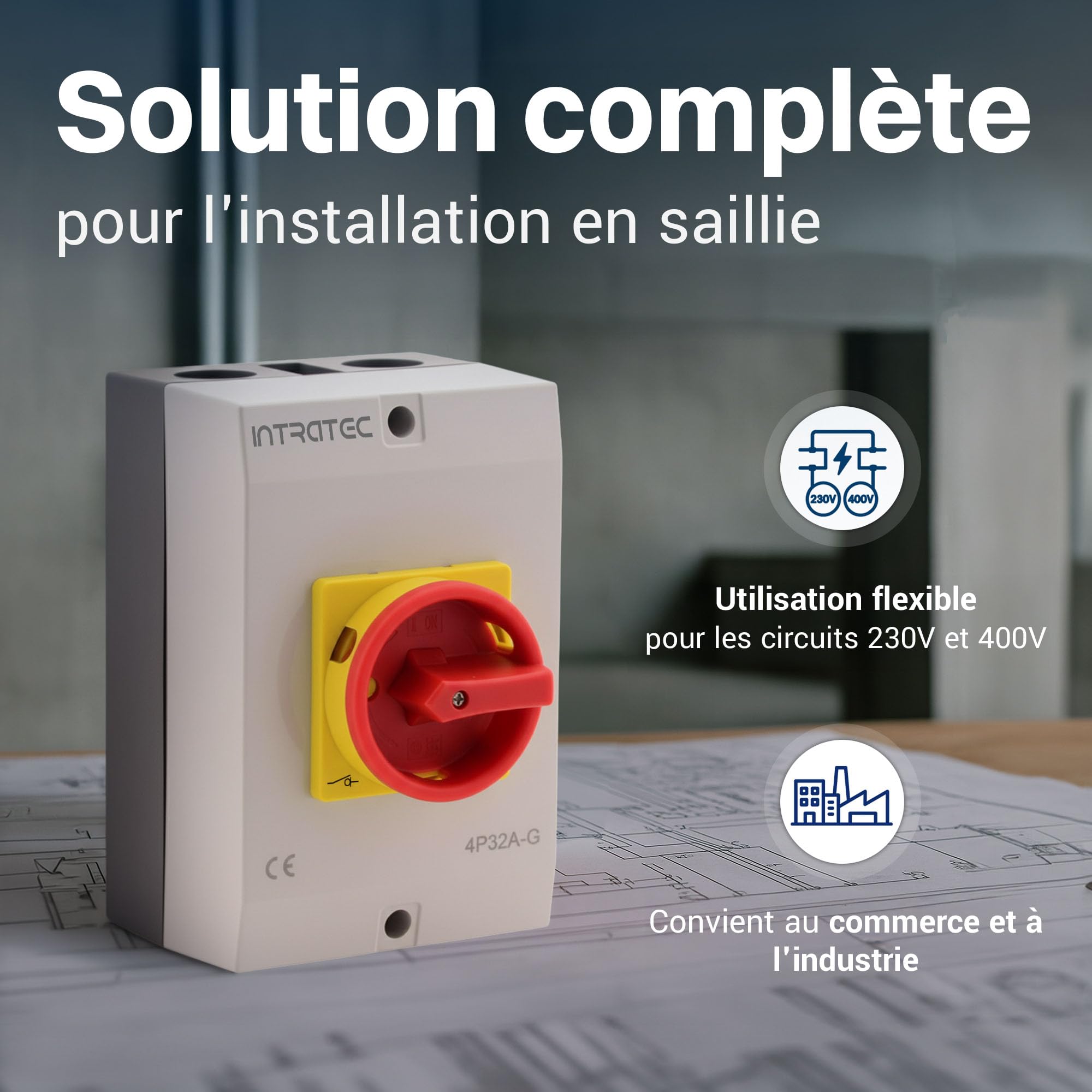 Intratec Interrupteur principal 32 A, 4 pôles – IP65 interrupteur etanche pour une coupure sûre – Arret d'urgence pour l'industrie – interrupteur saillie avec boîtier en plastique 230 V 400 V