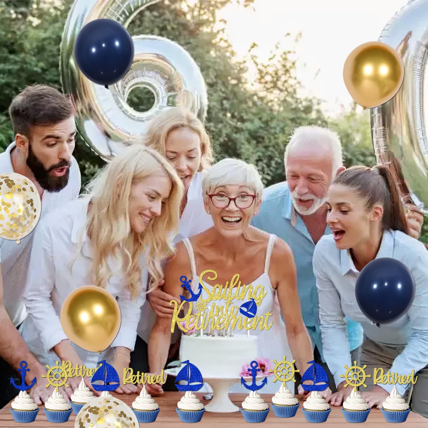 Sailing Into Retirement Decorations Set Nautical Retirement Party Theme Banner Navy Sailor Theme Cake Toppers Ballons for Sailor Men Happy Retirement Officially Retired Party Supplies