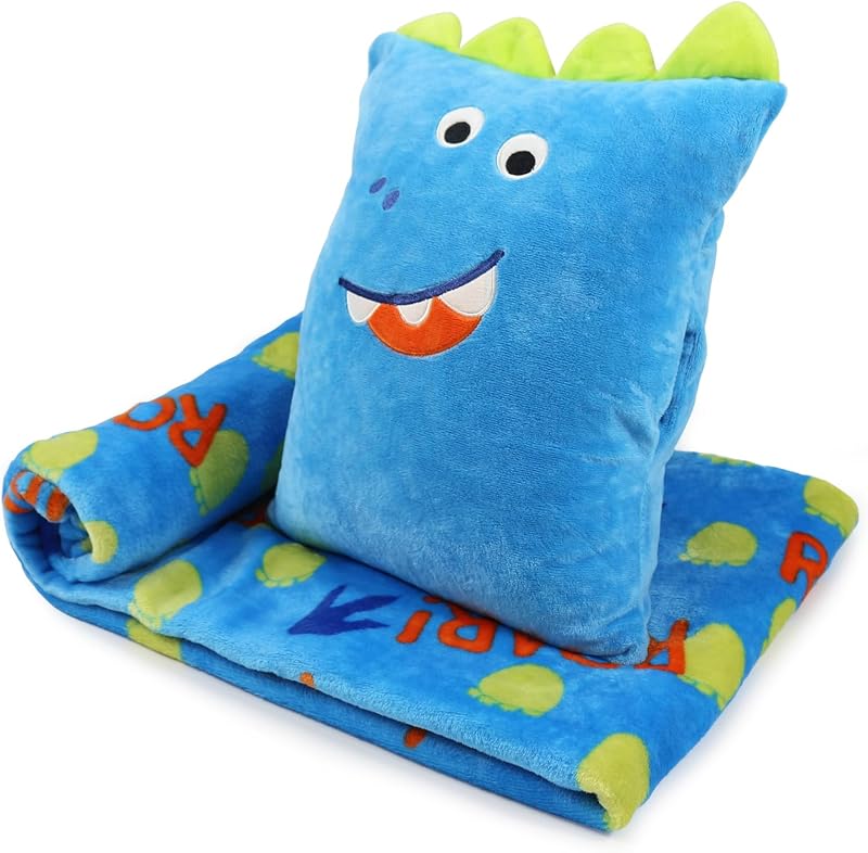 3 in 1 Dinosaur Kids Travel Pillow and Blanket Set | Plush Pillow with Hand Warmer,40x60 Inch Blanket and Pillow Set for Boys Birthday Christmas Party Favors and Travel Essential