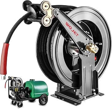 WOJET Pressure Washer Hose Reel 50 ft x 3/8 in, Retractable Hose Reel for Water/Air/Oil, Heavy Duty Hose Reel in Steel, Power Washer Reel with Dual Arm, Auto Rewind, Max 4000PSI Without Hose