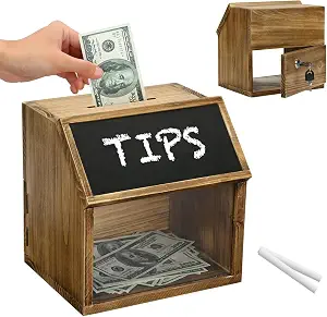 MyGift Wooden Tip Jar Donation Box with Lock, Chalkboard Label, and Keys