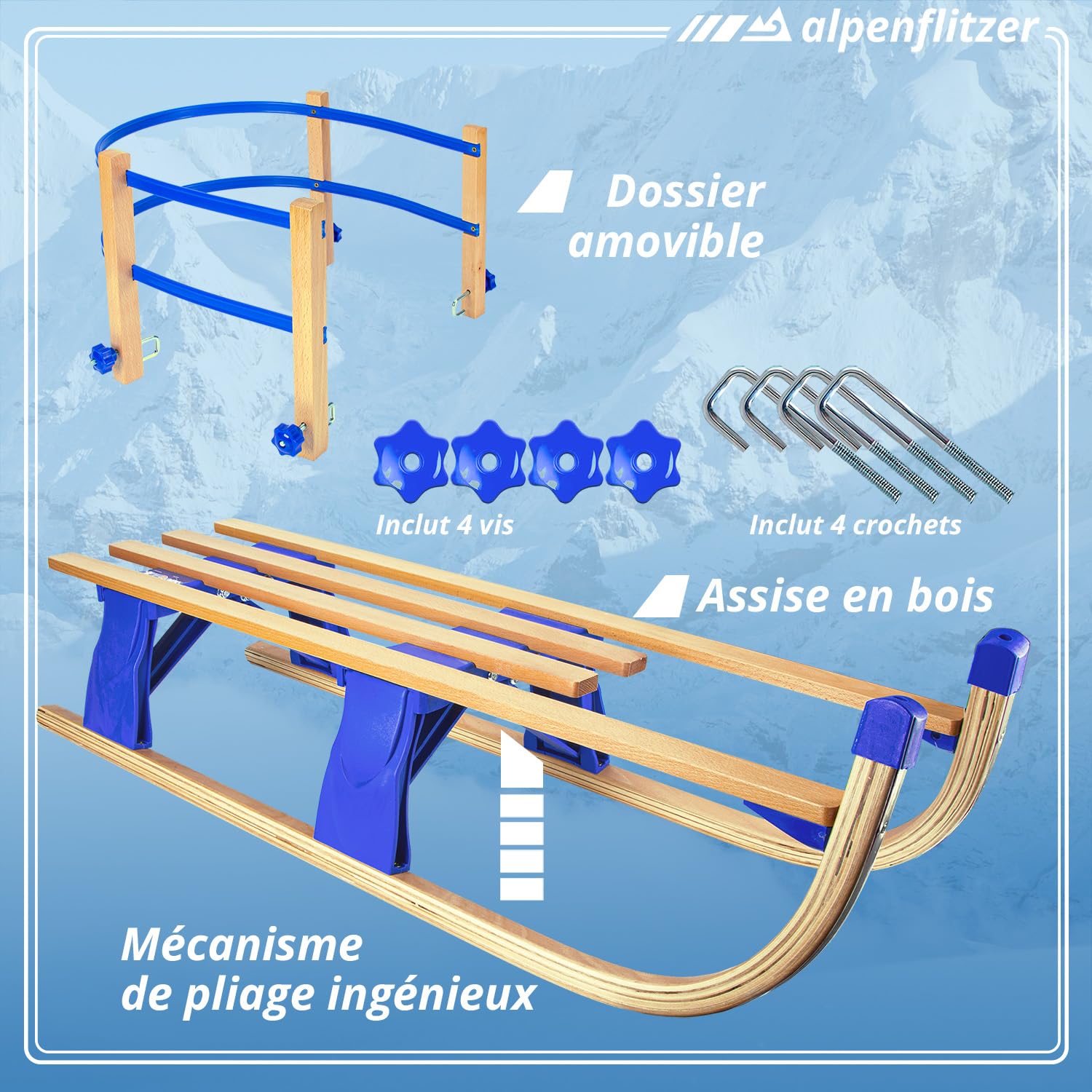 Luge en Bois avec Dossier Luge Davos 110 cm Luge Pliable pour Enfants ; Luge Pliante en Bois de hêtre Haut de Gamme