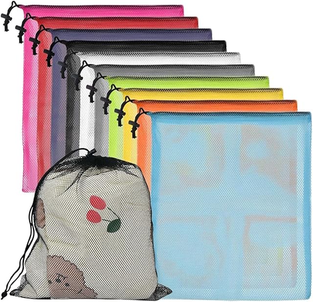 10 Pieces Drawstring Mesh Bags with 10 Colors Laundry Bag Ball Bag Mesh Stuff Sack Nylon Storage Bag for Sport, Swimming, Beach, Travel, Gym, Camping and Training - 39.5 x 34cm