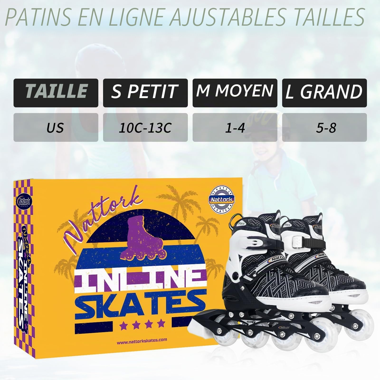 Nattork Rollers en ligne réglables pour enfants, avec toutes les roues lumineuses – Patins débutants pour filles et garçons, jeunes et femmes, noir, Small - Little Kid (10-12US)