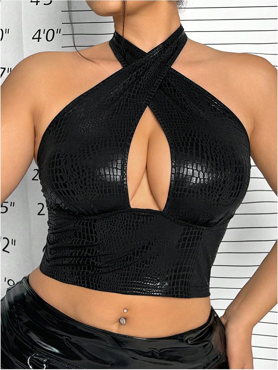 MakeMeChic Women's Plus Size Halter Top PU Leather Criss Cross Cut Out Backless Crop Tops - Image 3
