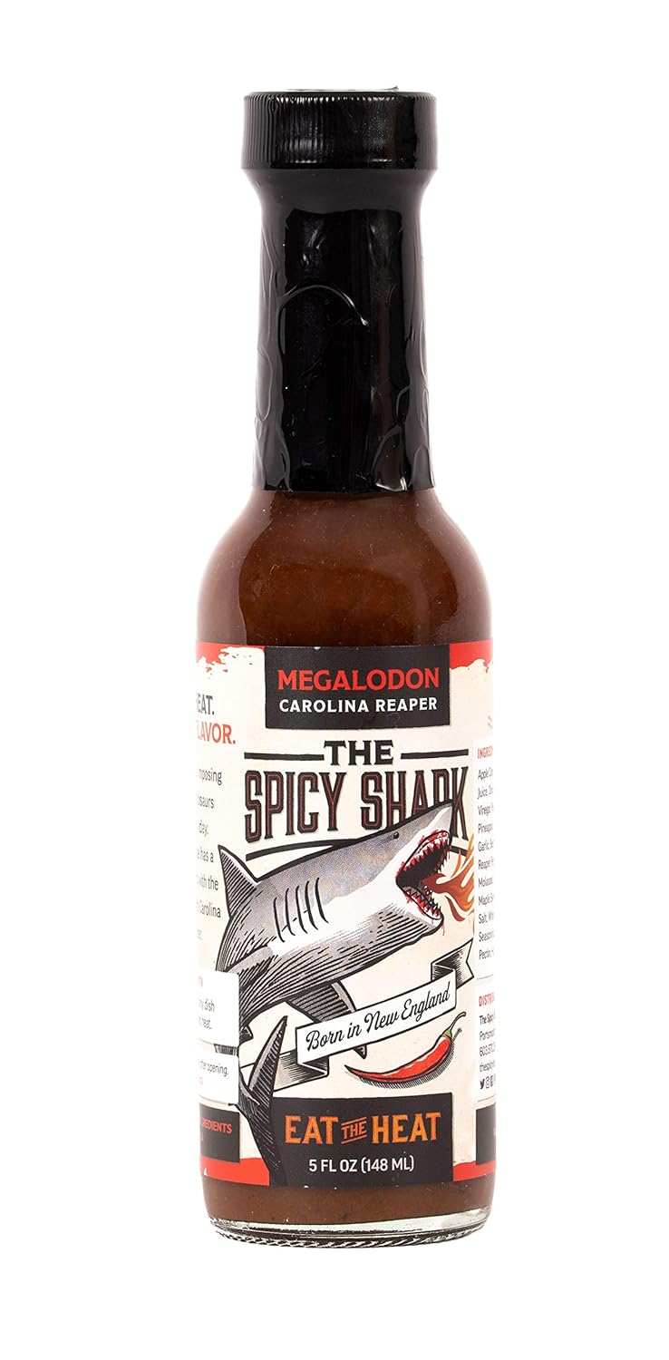 The Spicy Shark Megalodon Carolina Reaper Hot Sauce, Wicked HOT, Hot sauce - Vegan and Gluten-Free Ingredients - Brand Featured on Hot Ones (Pack of 2)