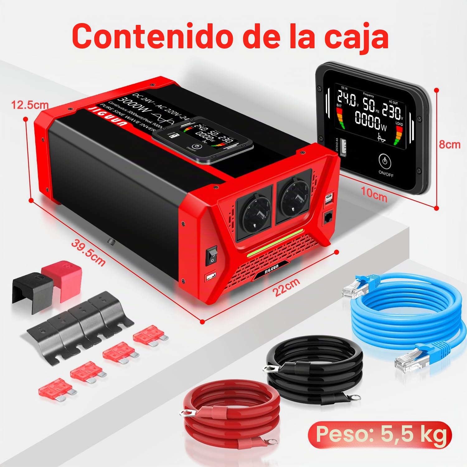 JIGUUN 3000W/9000W Inversor 24V 220V Onda Pura Convertidor Inverter con 2 Tomas EU y 3 Puertos USB y Tycp-C, Adecuado para Autocaravana, Camiones, Camping, Sistemas Fuera de la Red y más (3000W24V)