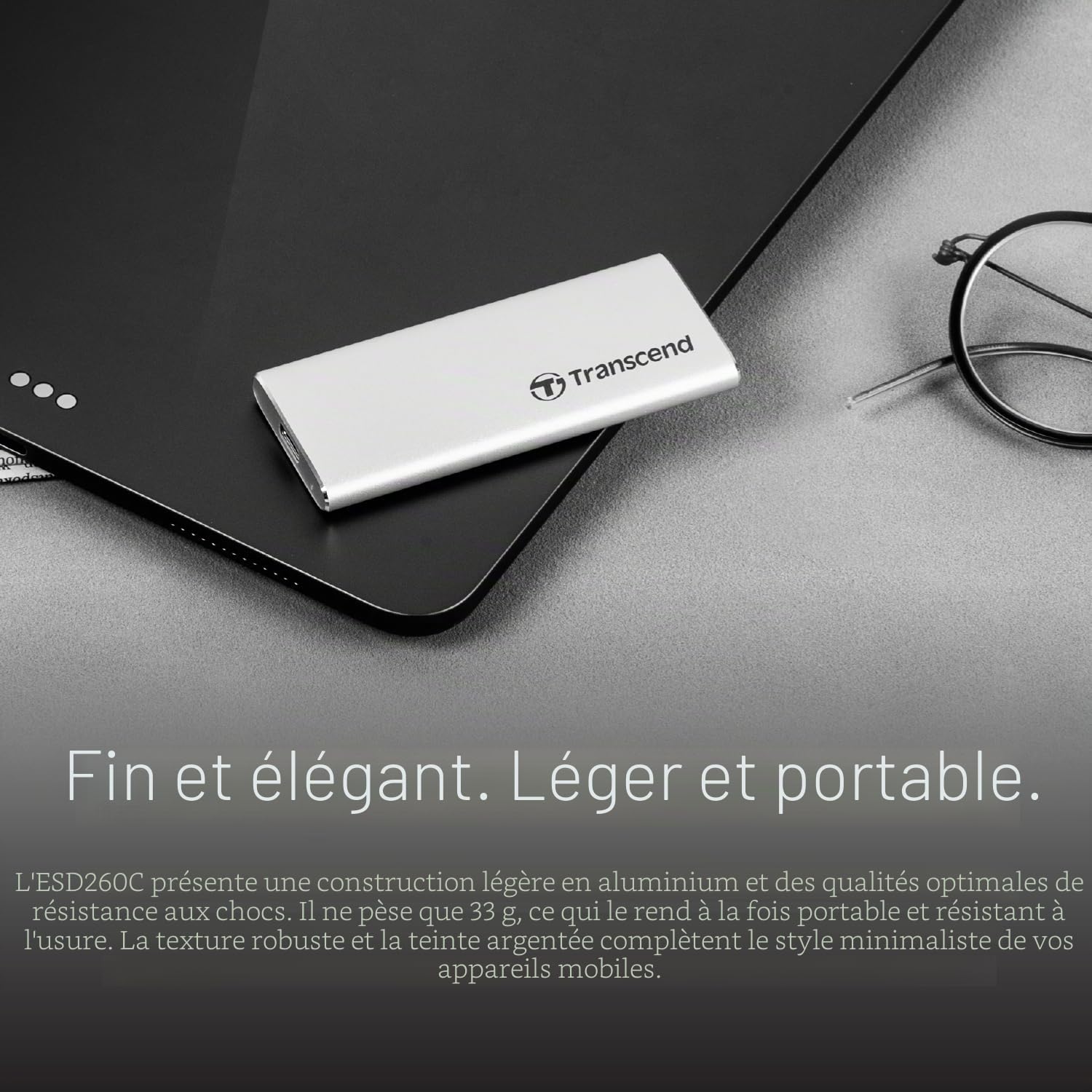 Transcend 250Go ESD260C SSD Portable, 520Mo/s, Aluminium, USB-C, Argent