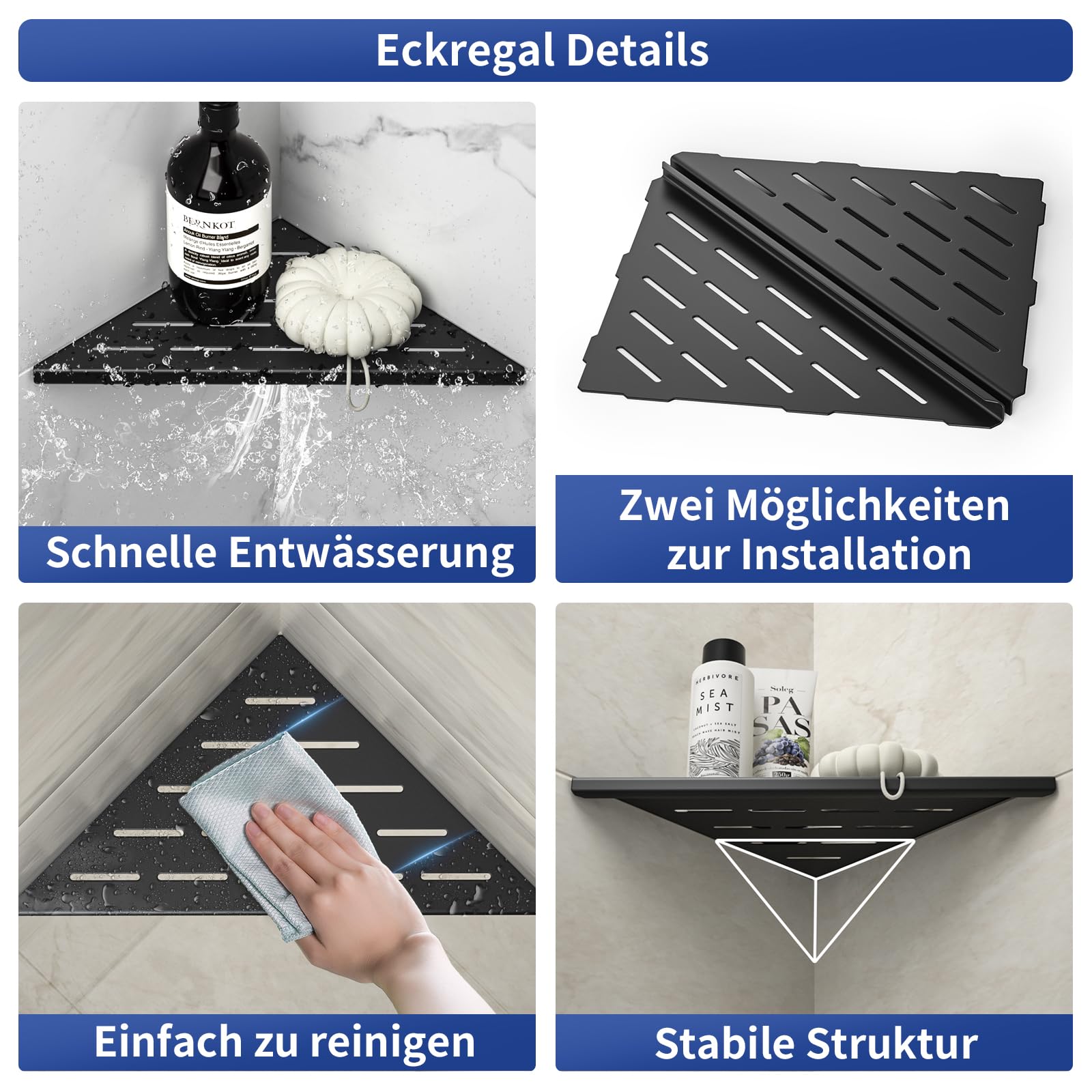 Duschkabinen-Eckablage, 304 Edelstahl Duschablage, Schwarz,2 Stück | eingelassenes Eckregal Badezimmer-Duschregal für geflieste Wand,Duschablage ecke zum einfliesen kein Bohren,254mm