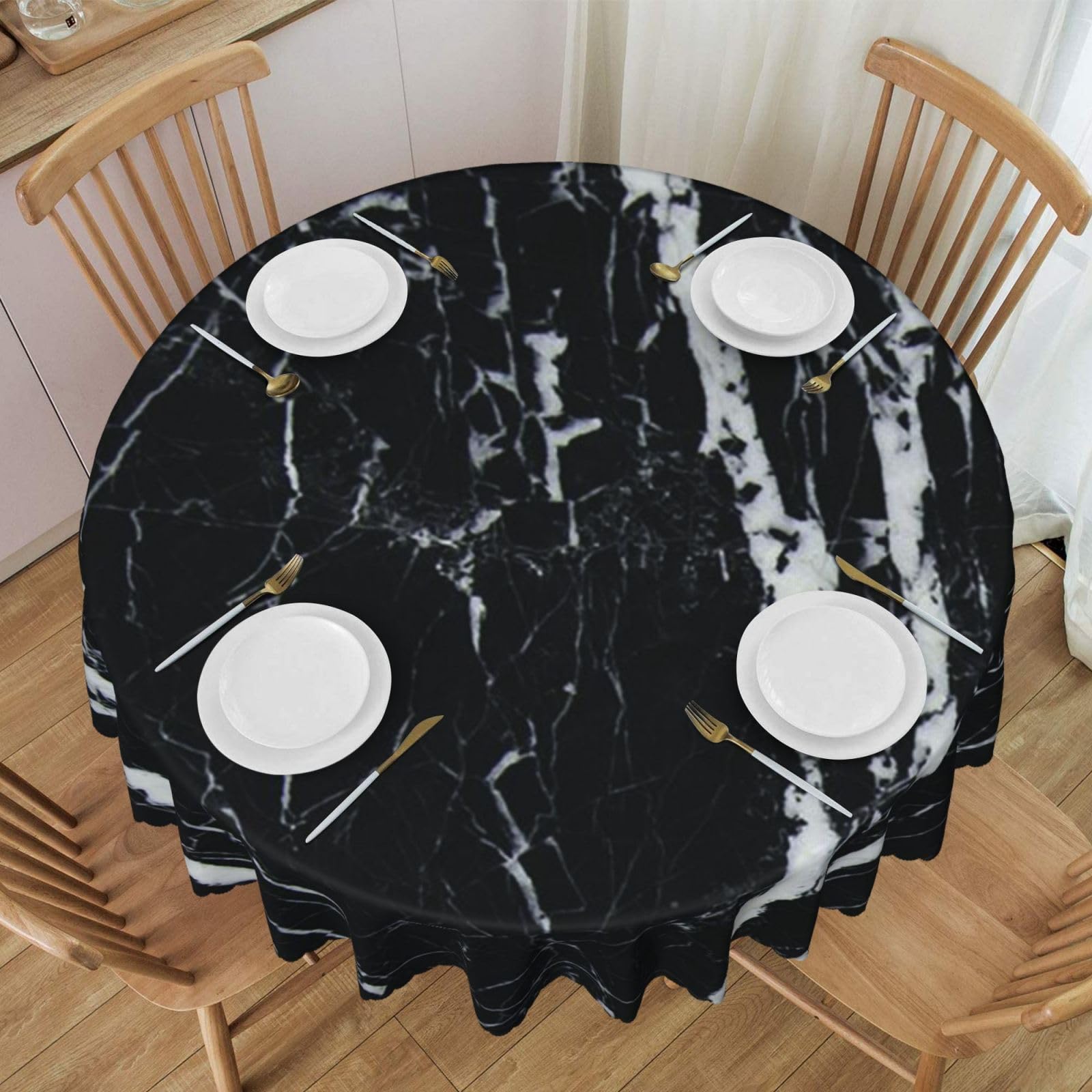 DCEHGEW 60 In Round Tablecloth with Lace, Black and white marble Printed Oilproof & Washable Fabric Picnic Table Cloth Table Covers