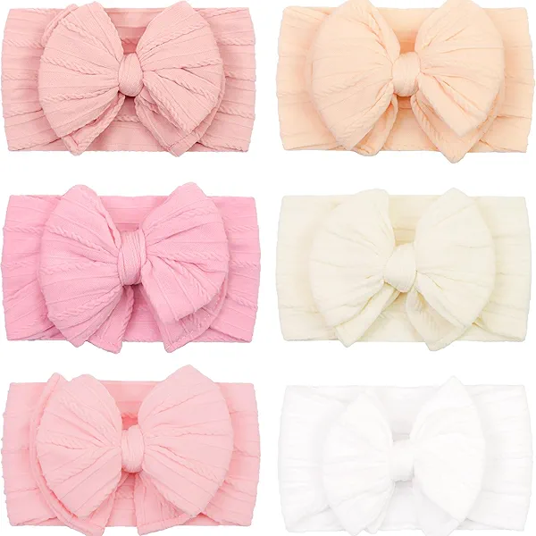 CÉLLOT 6 Pcs Super Stretchy Soft Handmade Headbands with Double Bows Head Wrap Nylon Hair Accessories For Newborn Baby Girls Infant Toddlers Kids(Pink)