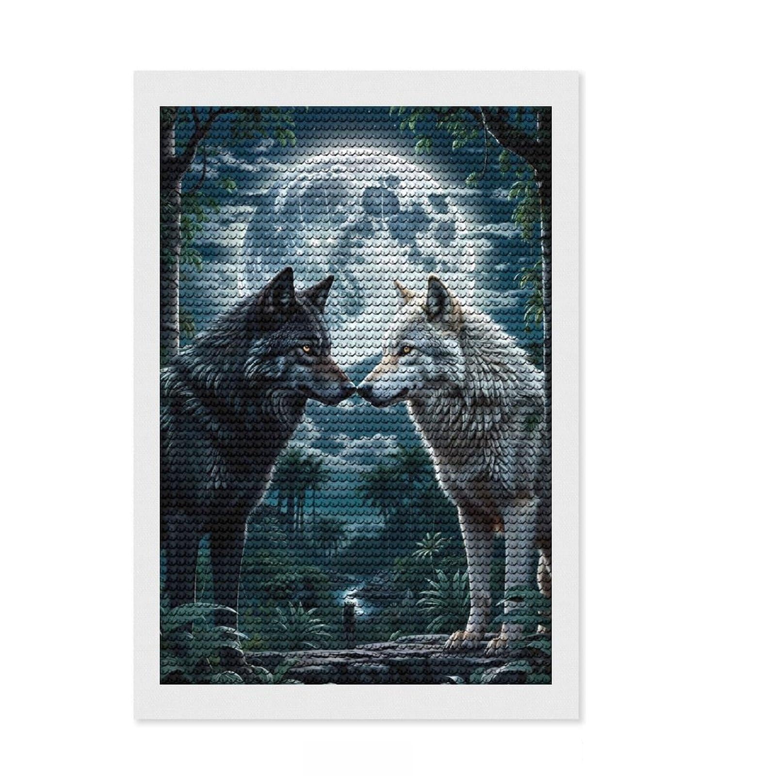Junmoney Two Wolf in Forest Moon Diamond Art Kit 8"x12", Fun Craft Experience, Boho Decor, for Teens, Thoughtful Handmade Gift, Adhesive Canvas