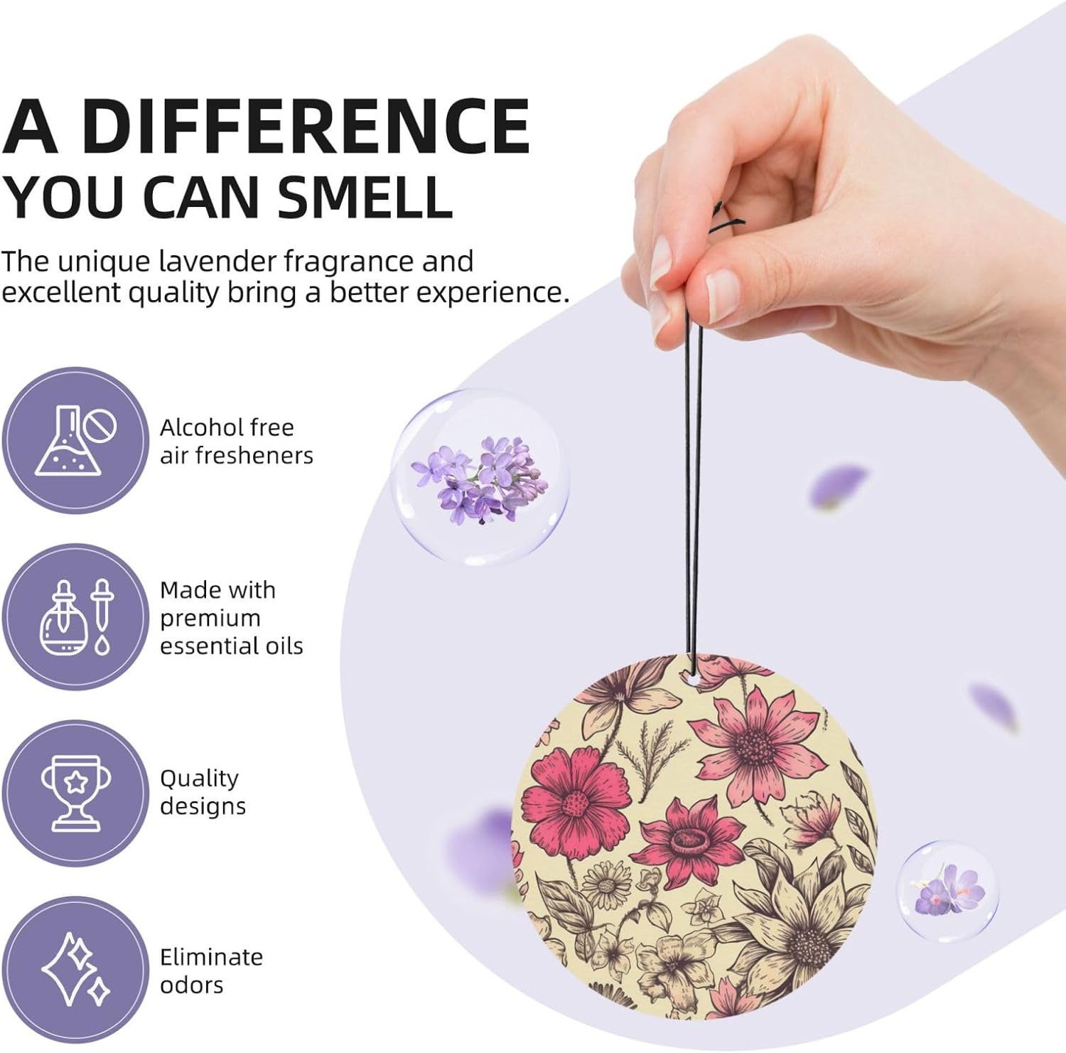 Car Air Freshener 24 PCS Simple Strokes of Flowers Hanging Car Air Fresheners Auto Interior Decor Card Freshener Strong Scented Card Lavender Cars Scents for Office Bedroom Close Drawer Round Shape