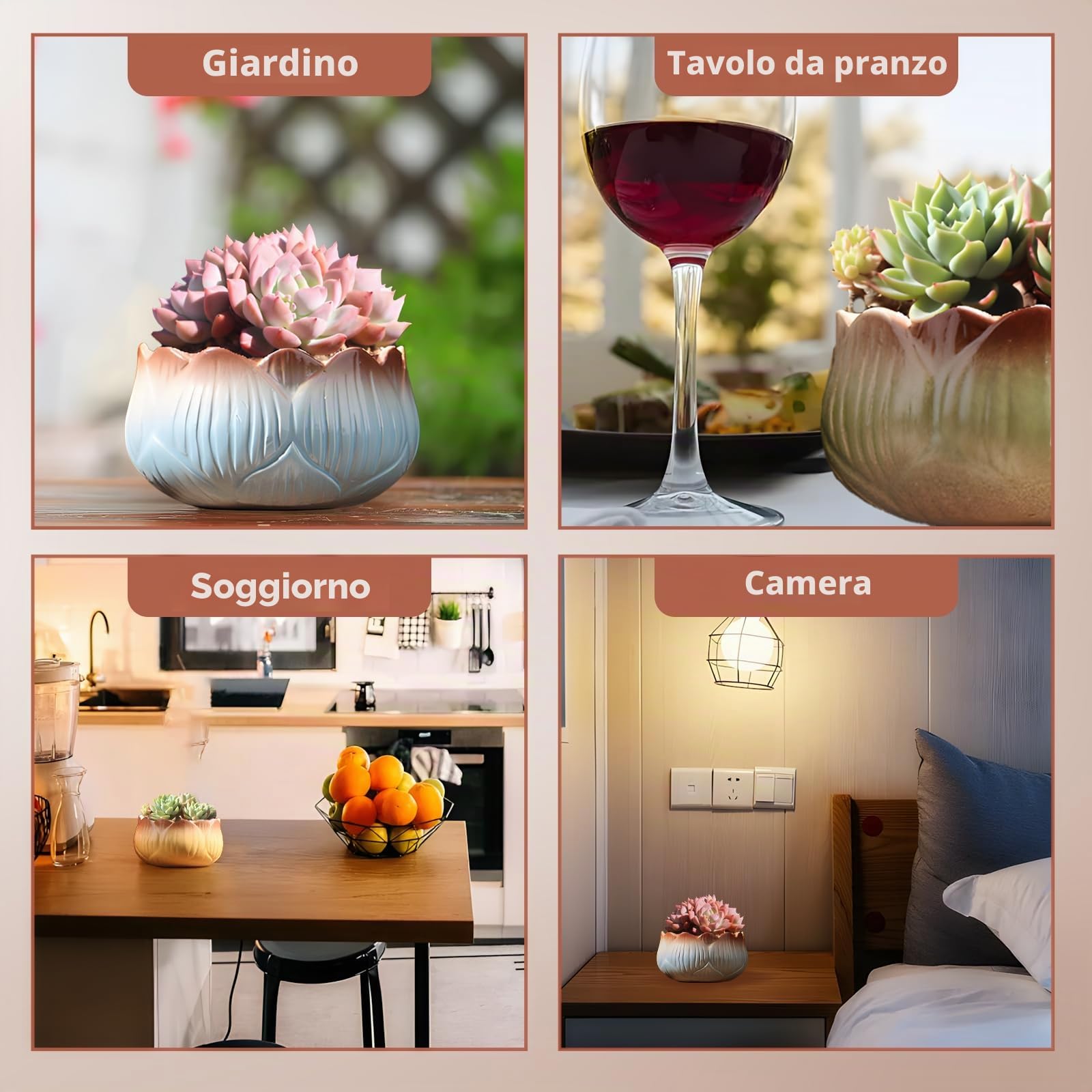 Vasi per Piante Grasse, Vaso per Cactus e Succulente, Set di Vasi Decorativi con Foro di Drenaggio, per Piante da Giardino da Interno/Esterno, Piantine e Semi (Confezione da 4)