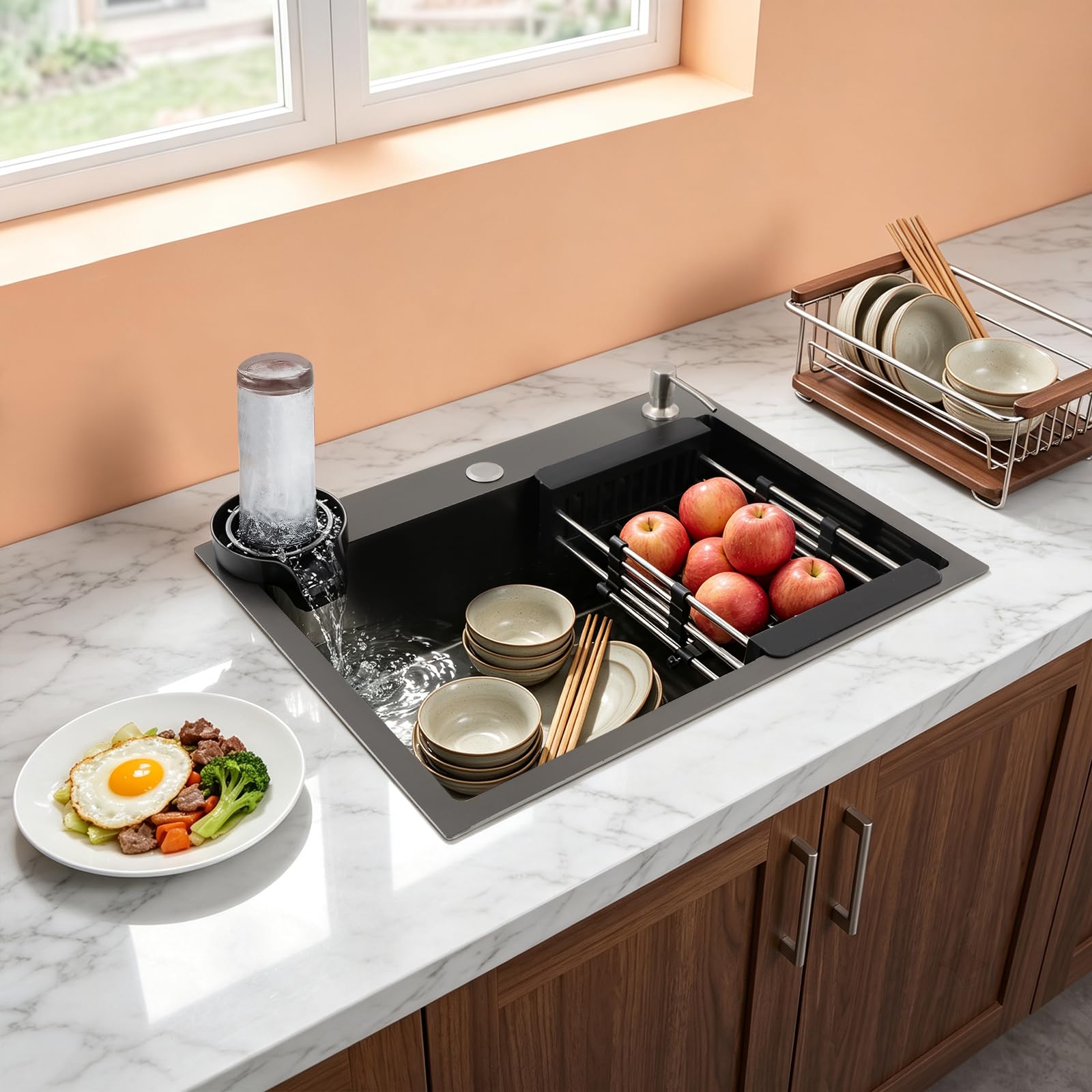 Lavello da cucina da incasso, 60 x 45 cm, in acciaio inox, con rubinetteria