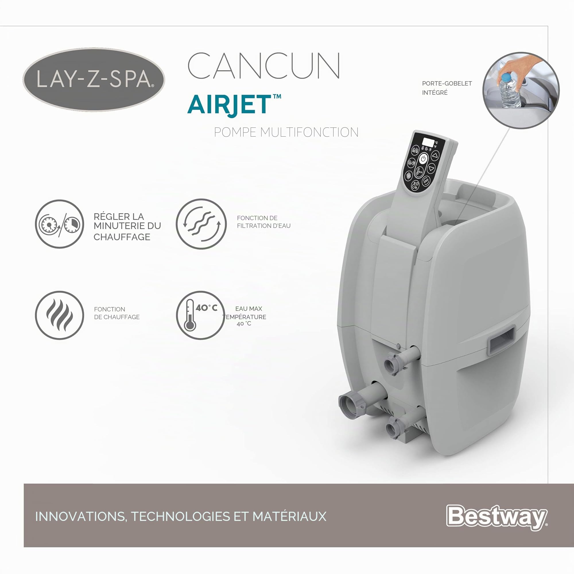 Spa Gonflable Lay-Z-Spa® Cancun Airjet™ Rond 2 à 4 Personnes, 180 x 66 cm, 120 Jets d'air, Couverture Isolante, Filtration à Cartouche, diffuseur Chemconnect™