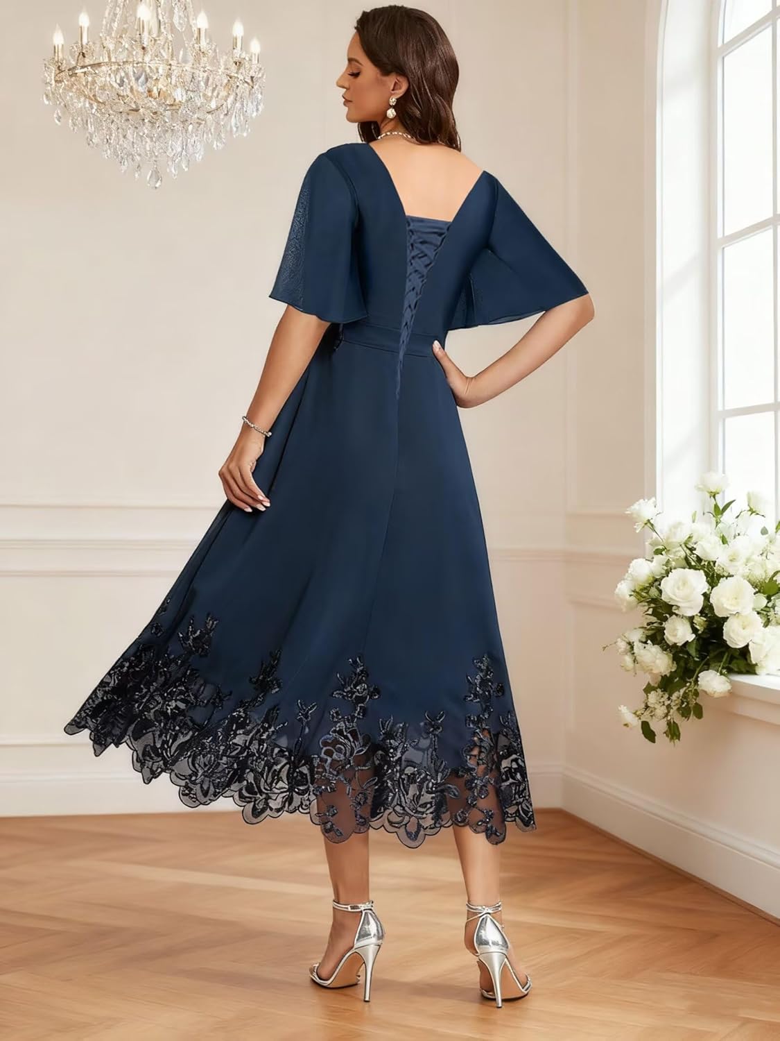 Women's Chiffon Mother of Bride Dress with 1/2 Sleeves V Neck Tea Length Formal Evening Gowns - Image 2
