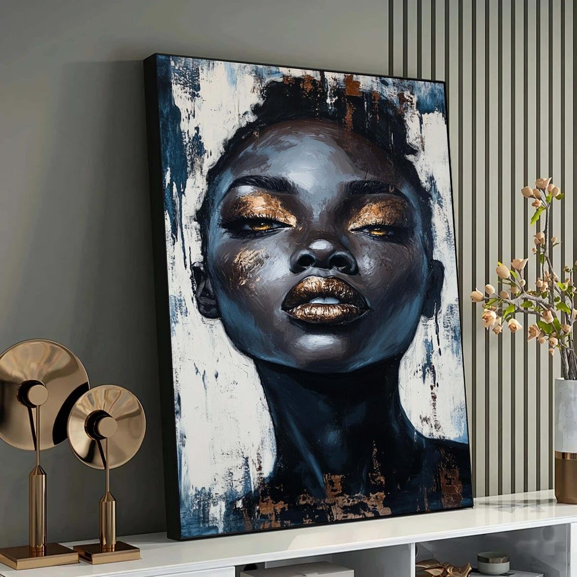 Portrait femme or noir toile texturee art africain elegant - 7