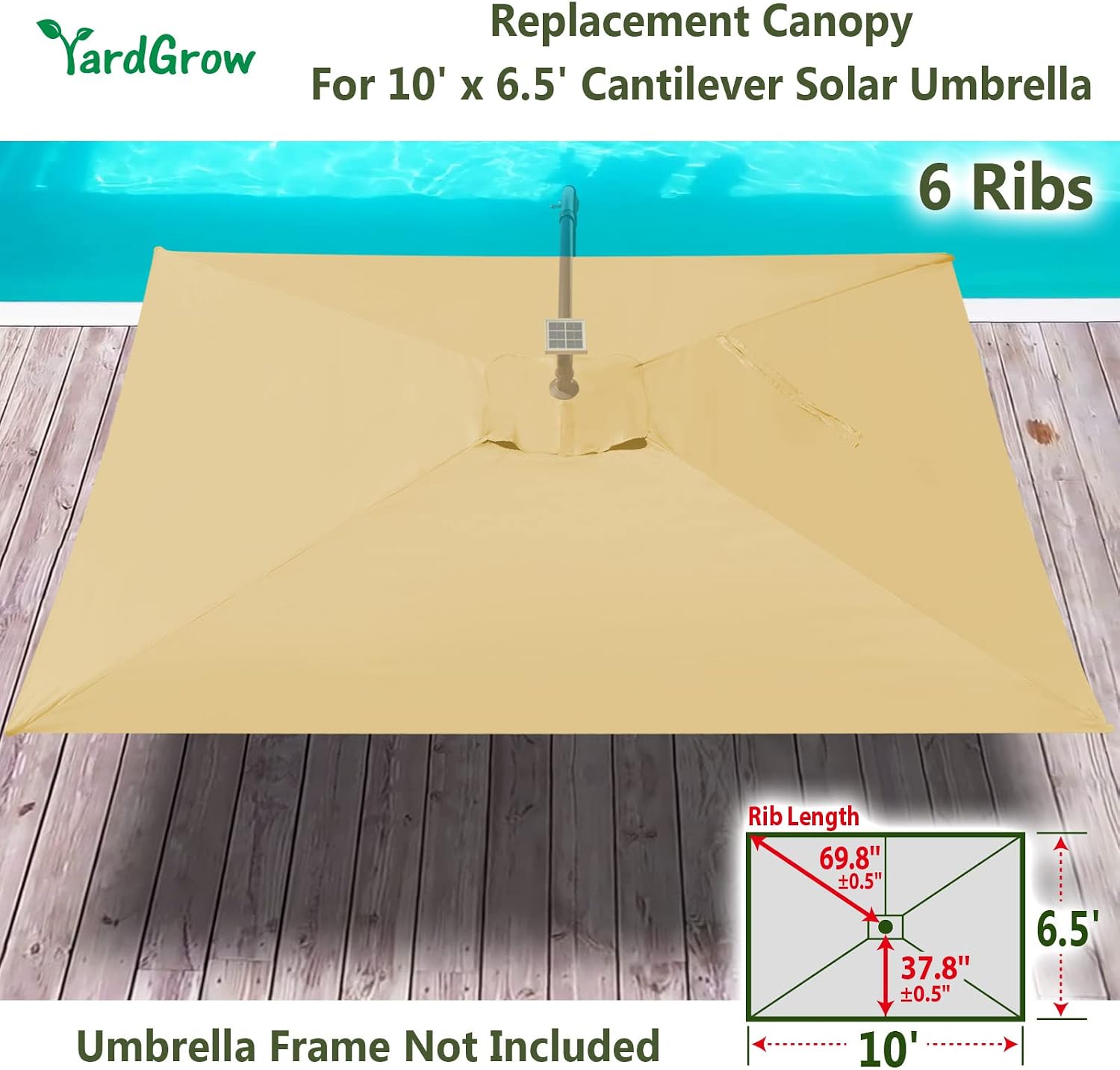 YardGrow 10x6.5FT 6-Ribs Umbrella Replacement Canopy Outdoor Patio Umbrella Canopy Cover, Frame NOT Included