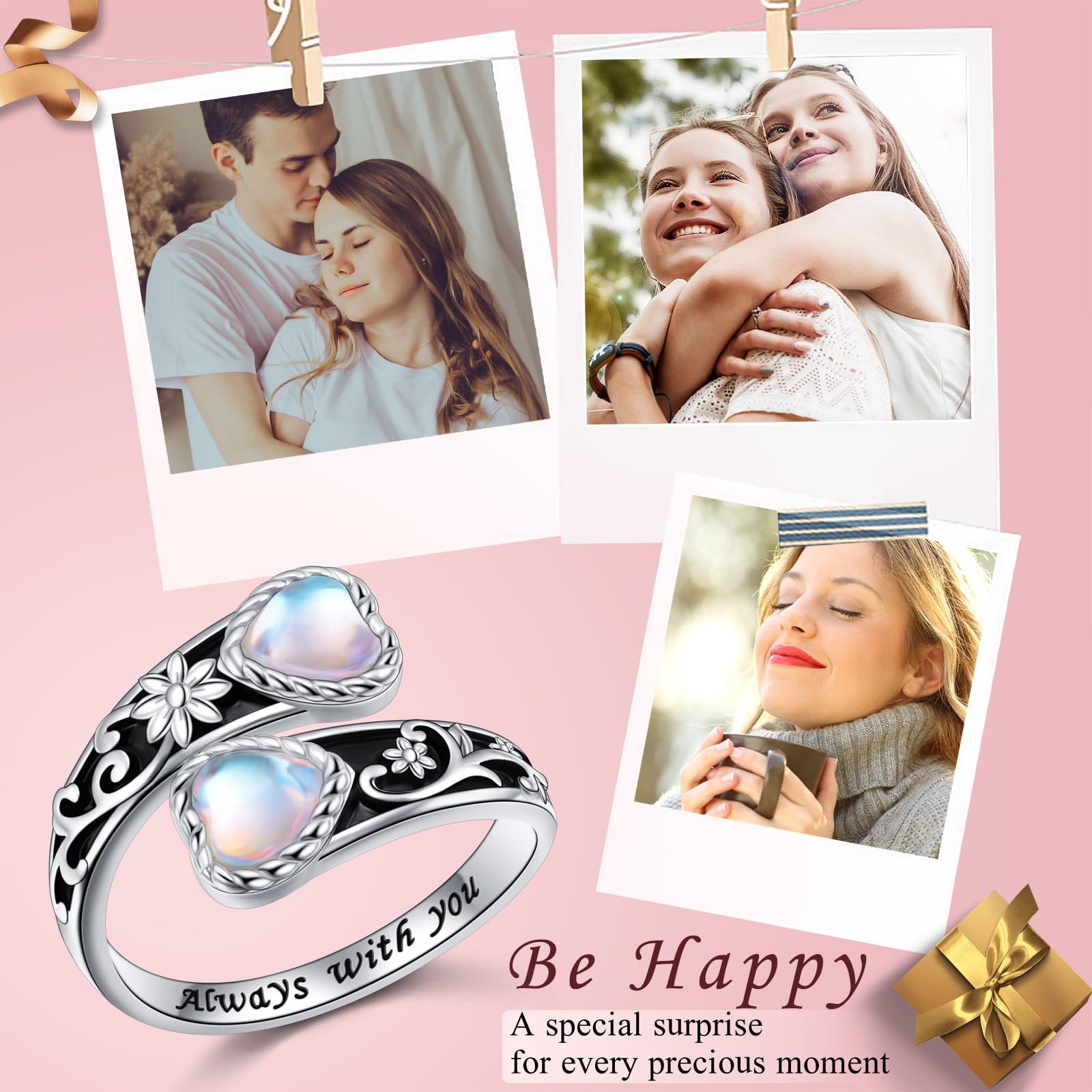 Anillo de plata de ley 925 con forma de corazón y piedra lunar para mujer