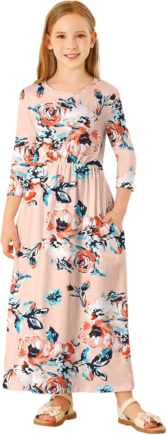 21KIDS Girls Maxi Dress Floral 3/4 Long Sleeve Dresses with Pockets for Girls 6-12 Years - Image 4