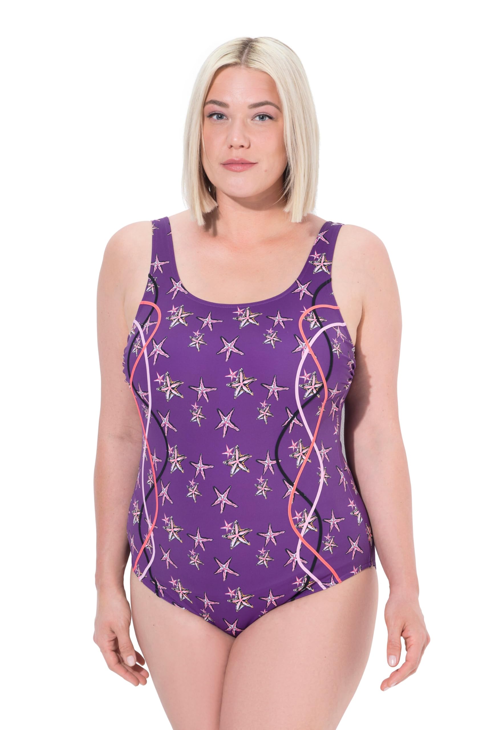 Ulla Popken Damen große Größen Übergrößen Plus Size Badeanzug, Seesterne, ohne Softcups, Zierpaspeln 837794