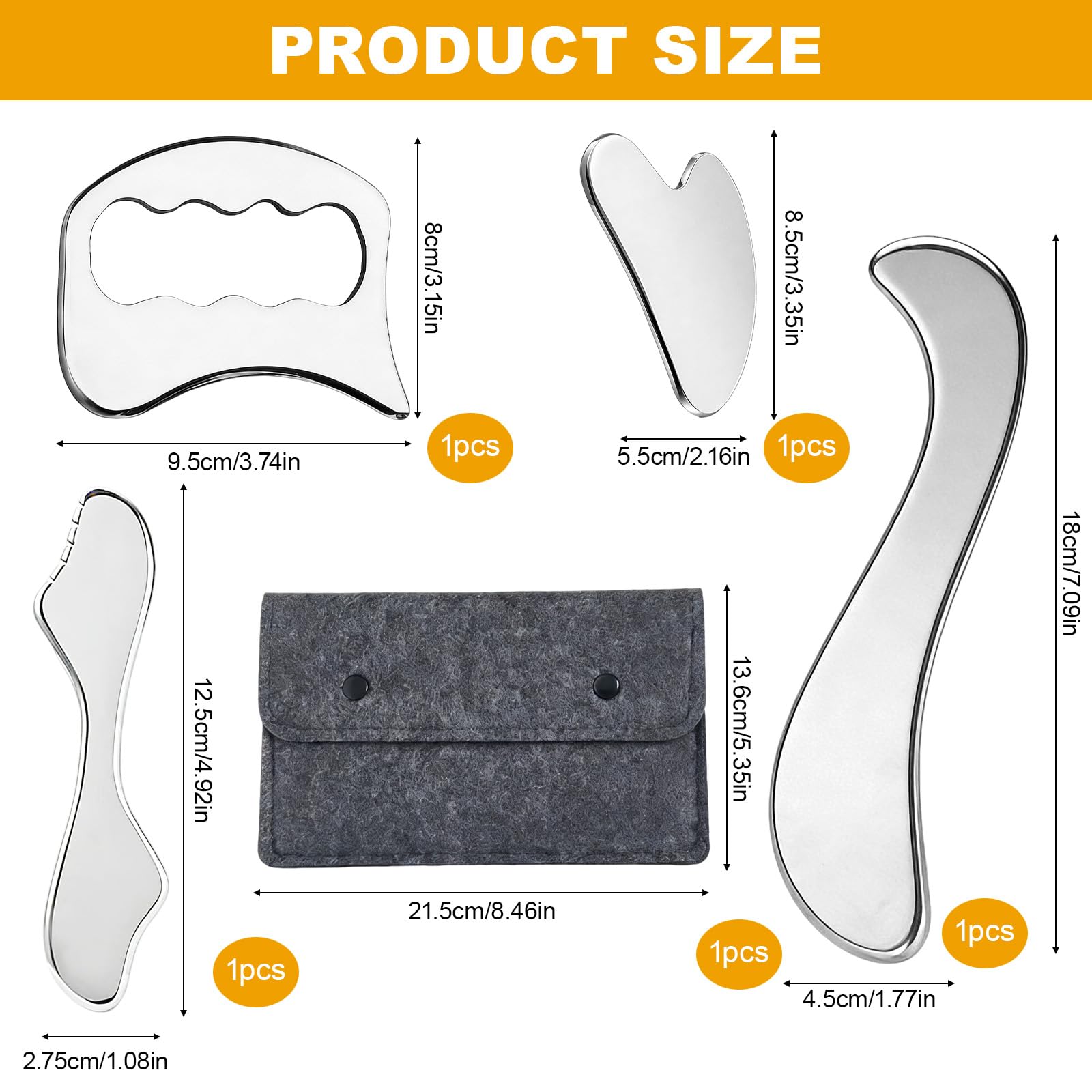 4 Articles Gua sha acier inoxydable, Guasha pour visage et Corps, Uasha Pour Le Corps, Outils de Massage Fascial Anti-Fatigue, 1 Portable avec Poche en Laine.