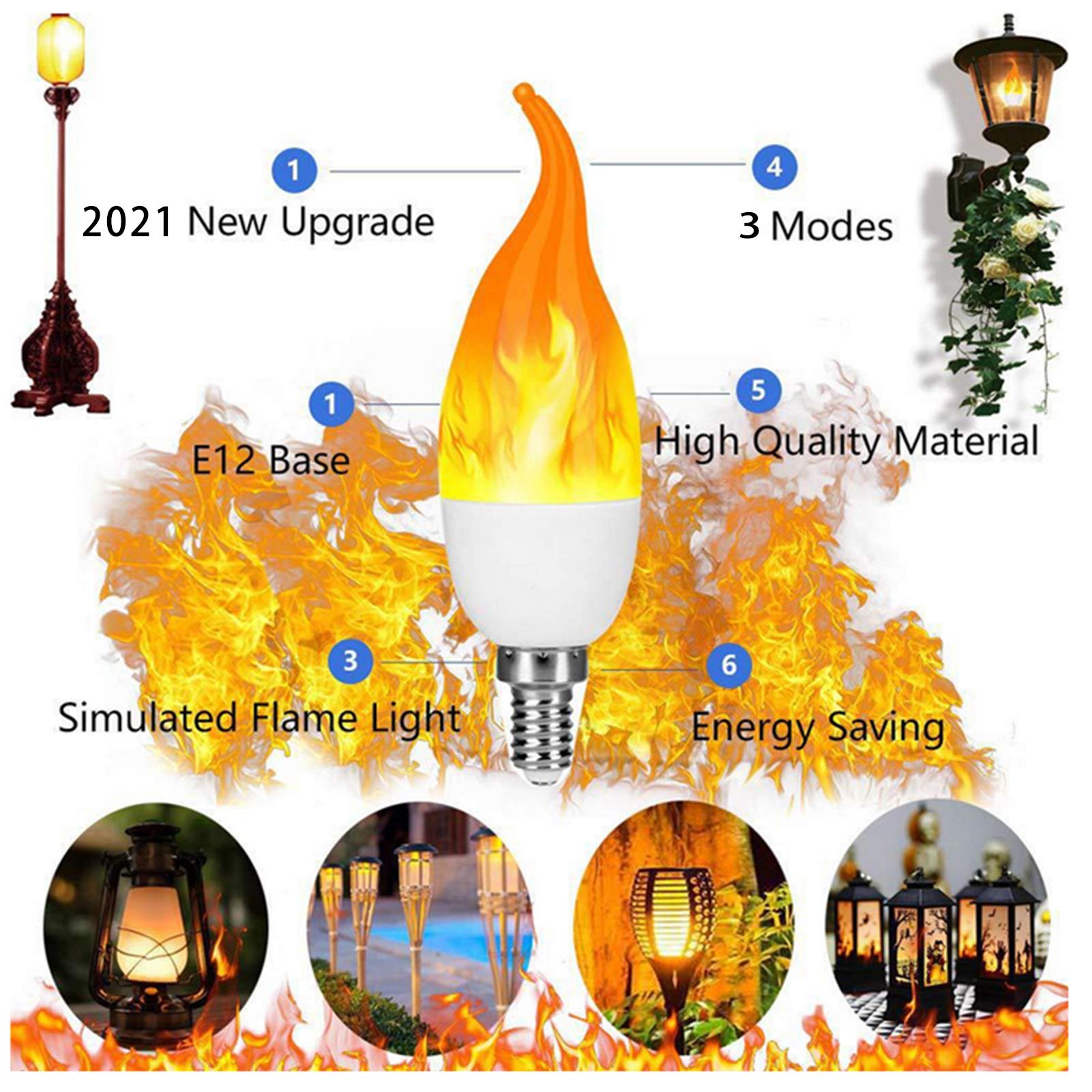 Bombilla LED llamas simuladas, 3 modos, bombillas llama parpadeante, bombillas LED E12 lámpara araña, bombilla parpadeante decoración interior/exterior, con sensor gravedad